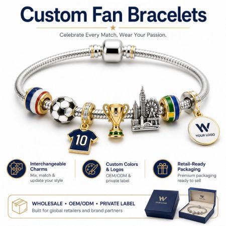 Fan Bracelets - Custom silver fan bracelet with soccer jersey, trophy, and landmark charms alongside wholesale private label packaging.