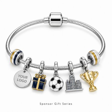 Silver sponsor gift series charm bracelet with a customizable corporate logo tag, trophy, and football charms.