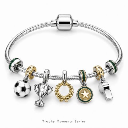 Trophy moments series charm bracelet with gold-accented laurel wreath, football, star, and whistle charms wholesale.