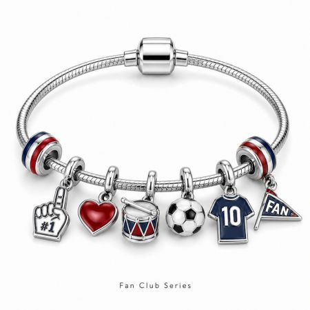 Fan club series sports bracelet with red and blue enamel heart, foam finger, drum, and team pennant charms.