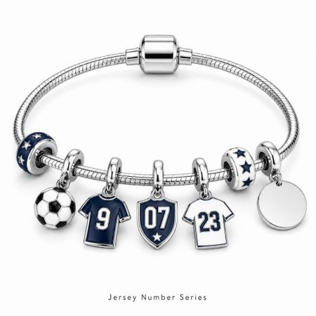 Jersey number series customizable charm bracelet with silver football, team shields, and numbered jersey charms.