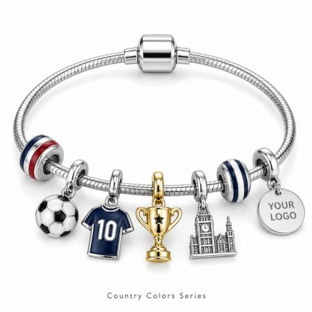 Country colors series souvenir bracelet with custom logo disk, Big Ben landmark, and gold trophy charms wholesale.