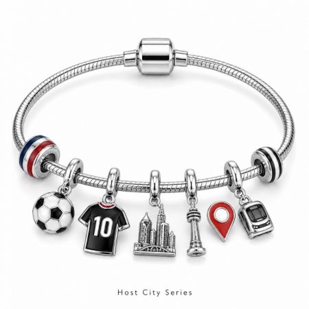 Host city series sports travel charm bracelet showcasing city skyline, map pin, and train charms for team merchandise.