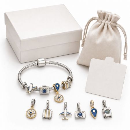 Custom travel charm bracelet with airplane and camera charms, ideal for souvenir shop gift set customization.