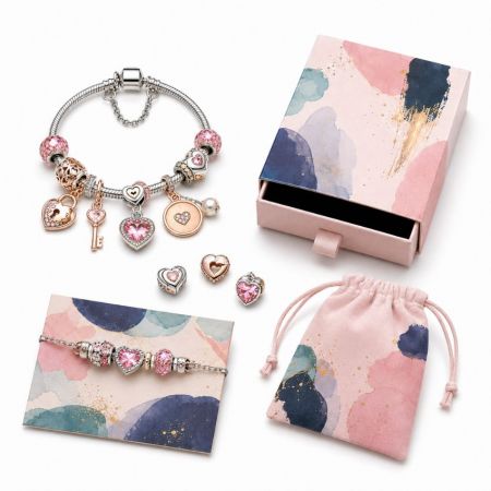 Charm Bracelets - Silver snake chain charm bracelet with pink crystal hearts and lockets, complete with wholesale gift packaging.