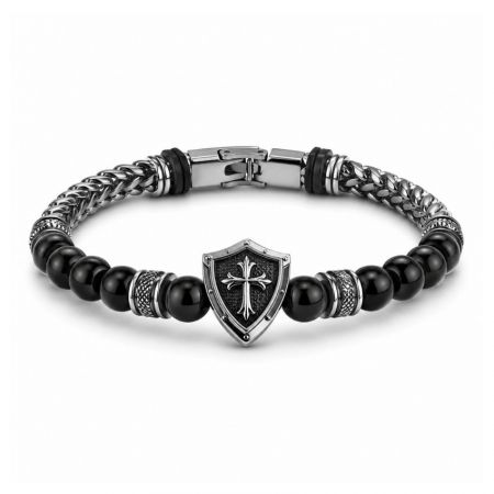 Mens Charm Bracelet - Men black onyx bead bracelet with a stainless steel cross shield charm, ideal for wholesale gothic jewelry suppliers.