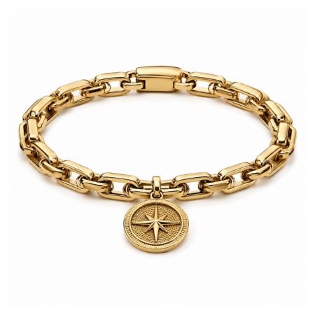 Gold-plated rectangle link chain bracelet for men featuring a compass star coin pendant, suitable for B2B sourcing.