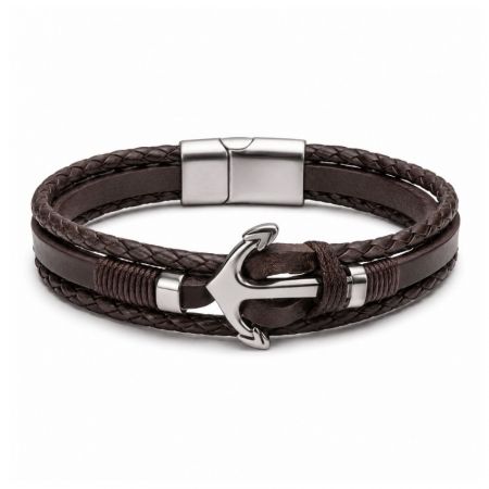 Men multi-layer brown braided leather bracelet with a polished stainless steel anchor clasp for bulk marine gifts.