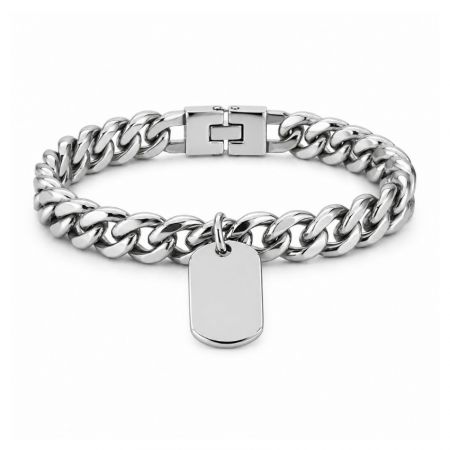 Polished stainless steel curb chain bracelet with a blank dog tag charm, perfect for custom engraving services.