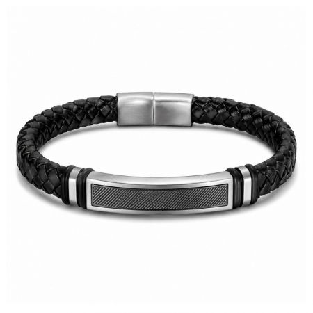 Black braided leather bracelet featuring a textured stainless steel ID bar, designed for minimalist fashion retail.