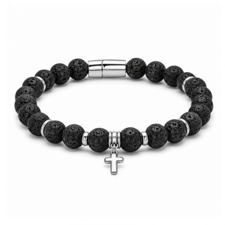 Men volcanic lava stone bead bracelet adorned with a small silver cross charm, ideal for spiritual jewelry vendors.