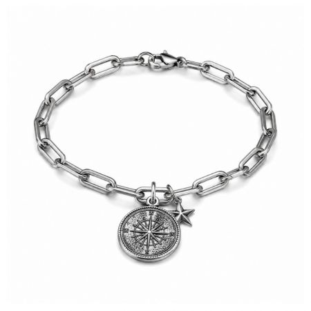 Silver paperclip chain bracelet for men with star and compass charms, great for trend-setting boutique wholesale.