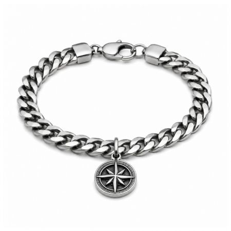 Men heavy stainless steel Cuban link bracelet featuring an antique-finished star medal charm for bulk ordering.