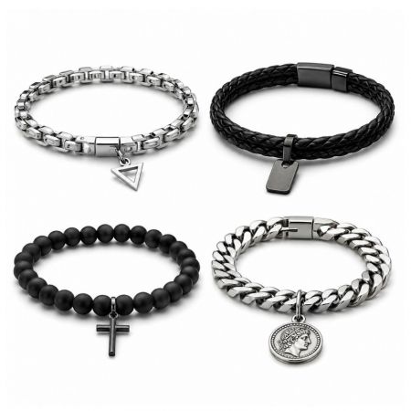Assorted men charm bracelets including leather, chain, and matte black beads, showcased for commercial jewelry supply.
