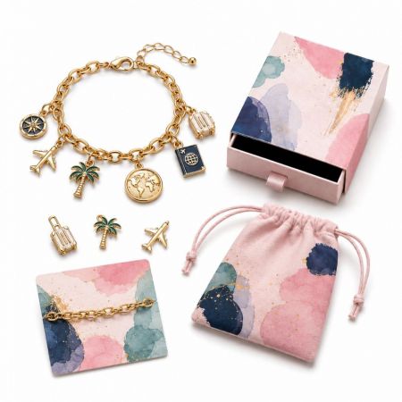 Gold travel charm bracelet featuring airplane and passport pendants, complete with premium watercolor custom packaging.
