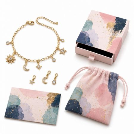 Gold celestial star and moon charm bracelet adorned with crystals, paired with a matching suede drawstring pouch.