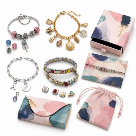 Assorted wholesale charm bracelets including modular, chain, and snake styles with premium promotional gift boxes.
