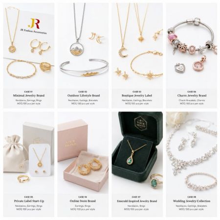 Overview of eight customized jewelry case studies featuring various designs, materials, and packaging styles.
