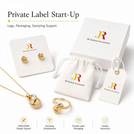 Gold interlocking ring and pendant necklace with custom logo tags and jewelry packaging, supporting startup brands.