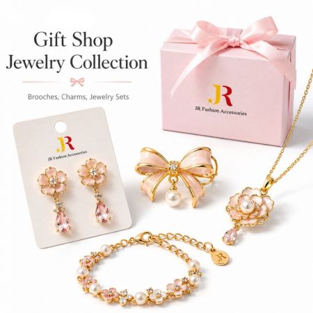Pink enamel flower and bowknot jewelry set, including a brooch, bracelet, earrings, and necklace with a gift box.
