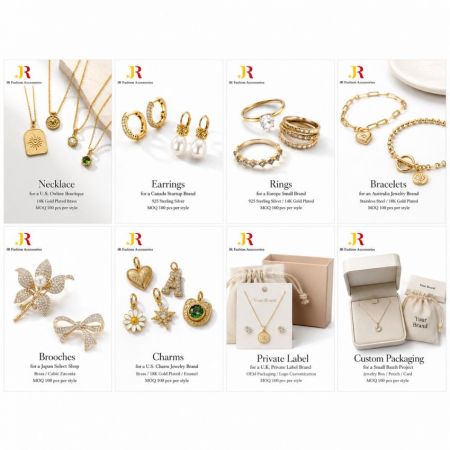 Product catalog showing custom necklaces, earrings, rings, and packaging options with low MOQ requirements.