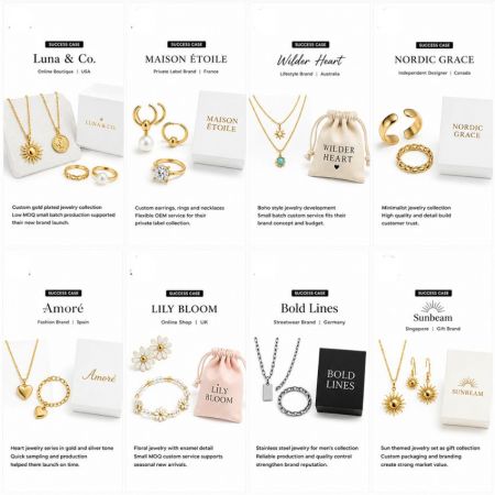 B2B success cases of custom jewelry collections with branded packaging for international boutiques.