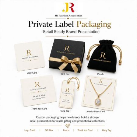 Private label packaging options including custom logo jewelry boxes, velvet pouches, hang tags, and insert cards.