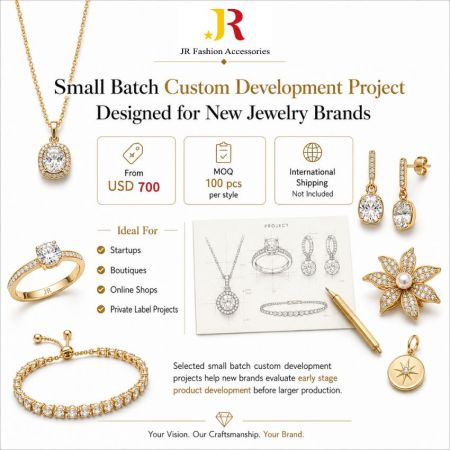 Small batch custom jewelry development diagram featuring a technical pencil sketch of a pave-set necklace and ring.