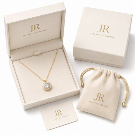 Custom CZ halo pendant necklace in private label packaging. JR Fashion Accessories wholesale supplier.