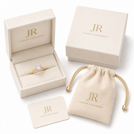 Gold solitaire CZ ring in custom branded gift box. JR Fashion Accessories B2B jewelry manufacturer.