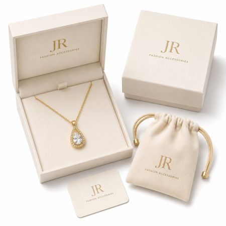 Teardrop CZ pendant necklace in private label packaging box. Wholesale custom jewelry by JR Fashion.