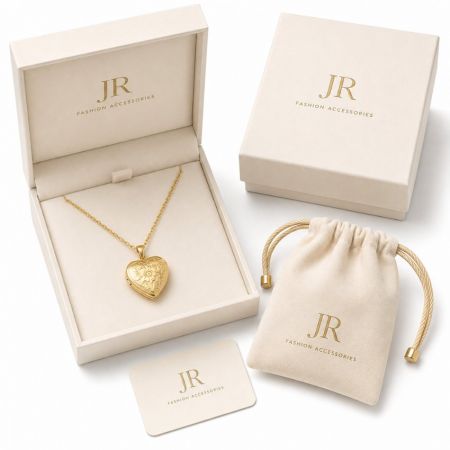 Gold engraved heart locket necklace in private label box. Custom OEM jewelry by JR Fashion.