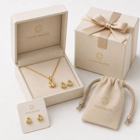 Gouden vermeil ketting en oorbelset in op maat gemaakte merkverpakking, ideaal voor private label juwelen groothandel.