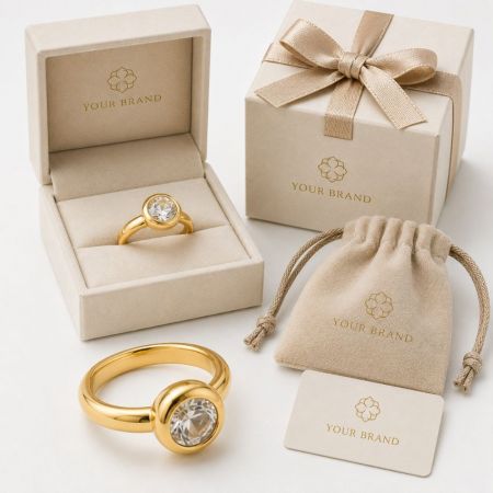 18K gouden vermeil ring met heldere steen in op maat gemaakte private label doos, ontworpen voor groothandelsleveranciers van juwelen.