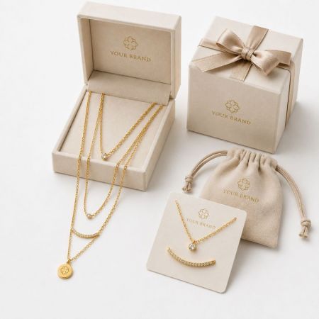 Gelaagde gouden vermeil ketting set in op maat gemaakte merkverpakking, geschikt voor B2B private label juwelenmarkten.