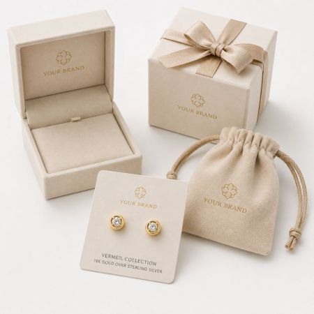 18K gouden vermeil stud oorbellen in op maat gemaakte private label verpakking, perfect voor B2B juwelen groothandelsbestellingen.
