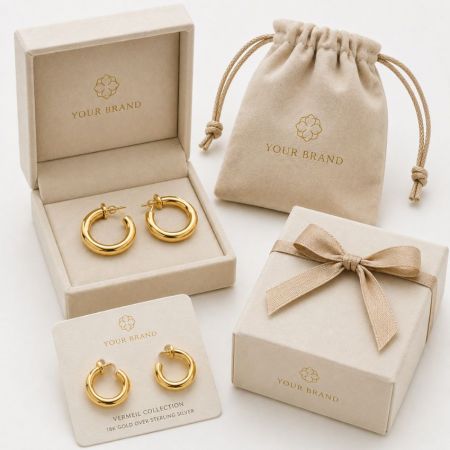 18K gouden vermeil chunky hoop oorbellen met gepersonaliseerde merkverpakking voor groothandelsleveranciers van juwelen.