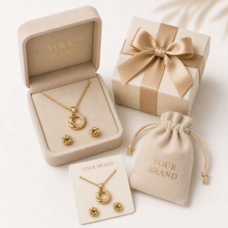 18K gouden knoop sieradenset in private label op maat gemaakte verpakking, perfect voor B2B groothandelsklanten.