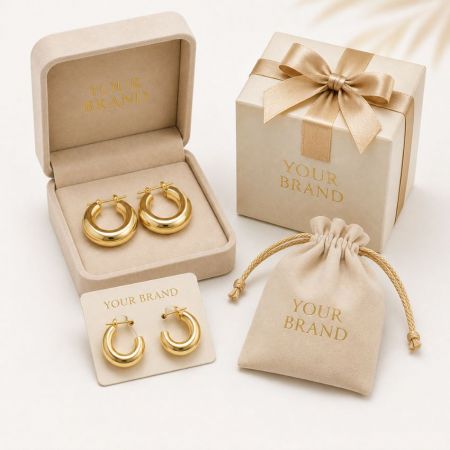 Chunky 18K gouden creolen in op maat gemaakte merkverpakking voor private label sieraden groothandel.