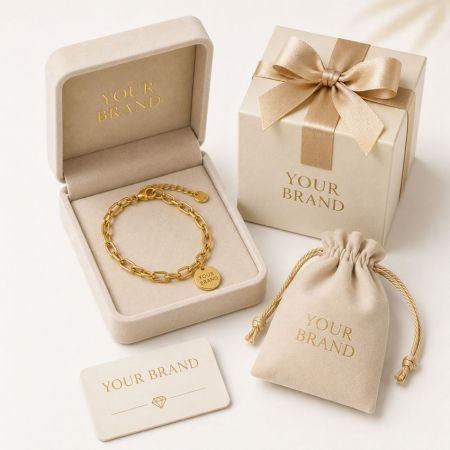 18K gouden kettingarmband met logo-tag in merkverpakking. Aangepaste OEM sieradenleverancier.