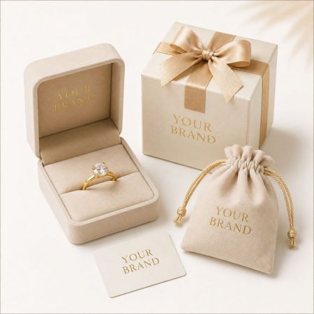 18K gouden solitairring in op maat gemaakte merkverpakking. Oplossingen voor private label sieraden groothandel.
