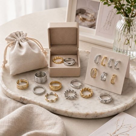 Diverse hypoallergene roestvrijstalen ringen en hoepeloorbellen voor B2B-sieradengroothandel en custom design.