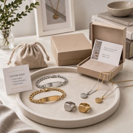 Lege roestvrijstalen ID-armbanden en zegelringen klaar voor aangepaste gravure en B2B private label levering.