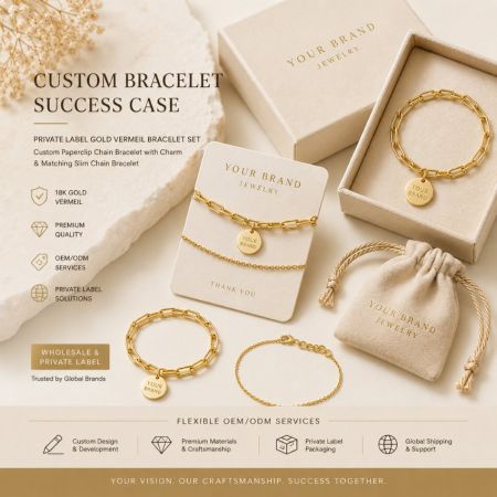 Private label gouden vermeil paperclip kettingarmbanden. Maatwerk OEM/ODM juwelenproductie voor B2B groothandel.