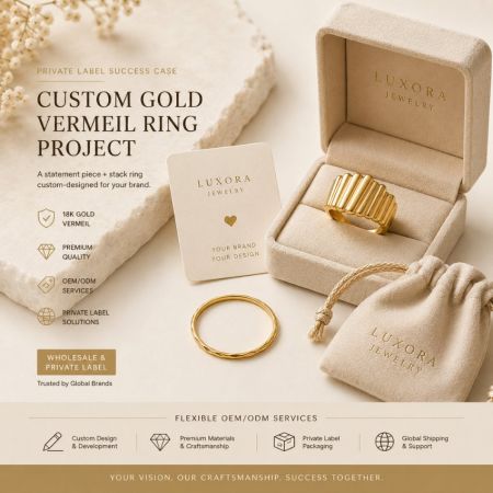 Maatwerk 18K gouden vermeil geribbelde ring in private label verpakking. Deskundige OEM/ODM juwelenproductie voor B2B.