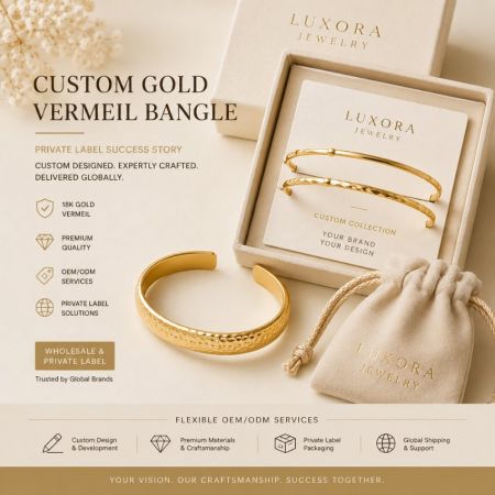 Maatwerk 18K gouden vermeil geslagen bangle armbanden. Private label OEM/ODM juwelenproductie voor B2B merken.
