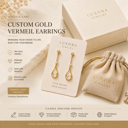 Maatwerk gouden vermeil hangende oorbellen in private label verpakking. B2B OEM/ODM juwelen groothandeldiensten.