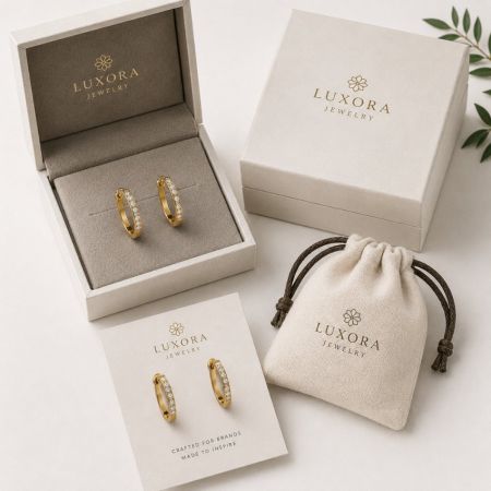 Gouden creolen met heldere stenen in een premium op maat gemaakte doos voor OEM sieradenbranding.