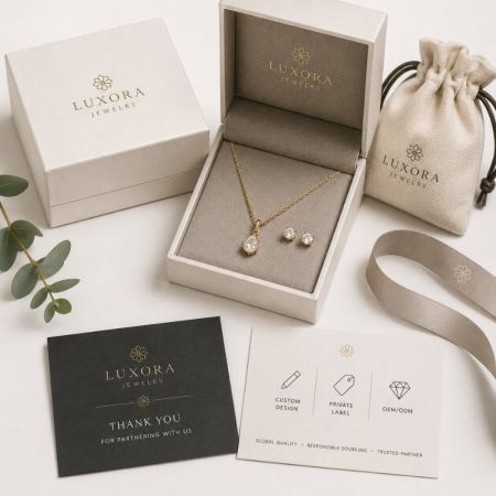 Druppel hanger ketting en stud oorbelset met op maat gemaakte merkkaarten voor groothandel sieraden.