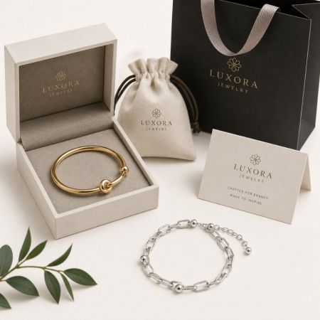 Chique gouden bangle en zilveren paperclip armband in luxe verpakking voor private label sieradenmerken.